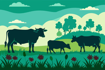 Cows Silhouettes In Different Poses Cow Grazing On Meadow