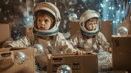 Kids dressed in DIY astronaut gear using cardboard boxes as spaceships navigating through an obstacle course of asteroids. - obrazy, fototapety, plakaty