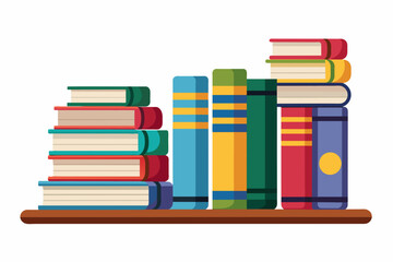 Cartoon illustration of a different books in a row . The illustration set includes a tall and small pile of paper books with colorful hardcovers and bookmarks