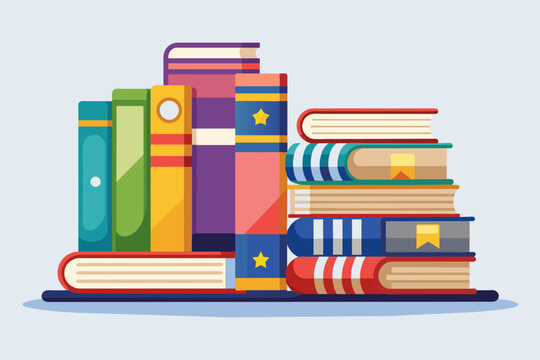 Cartoon illustration of a different books in a row . The illustration set includes a tall and small pile of paper books with colorful hardcovers and bookmarks