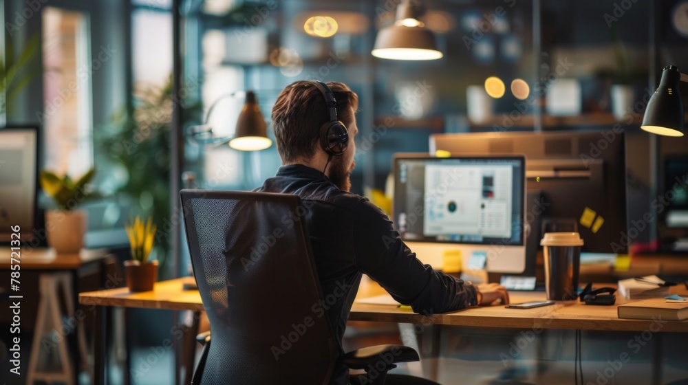 Poster Man Working at Desk With Computer