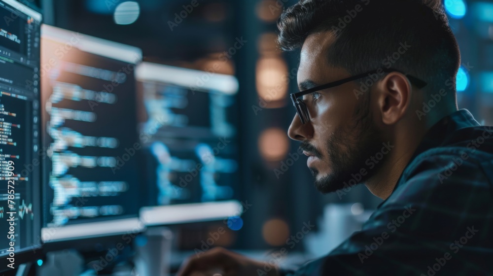 Poster concentrated programmer working in dimly lit office at night