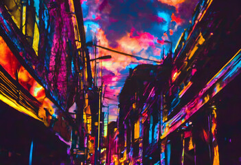 Surreal Urban Dreamscape: A Vividly Colored Apocalyptic Vision of City Life.