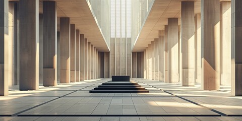 Architectural Interior Design, Symmetrical Columns Casting Shadows in Minimalist Hallway