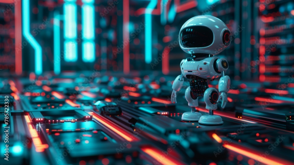 Poster futuristic robot amidst neon server racks