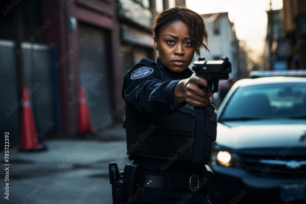 Wall mural Female police officer holding a gun on a street