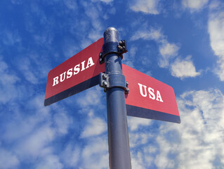 3d illustration, Red and black sign with the words Russia and USA written in white on the crossroads.