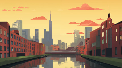 Illustration d'un paysage d'une partie de ville industrielle avec usine et bâtiments. Coucher de soleil. Canal, eau. Industrie, métallurgie, entrepôt. Pour conception et création graphique.