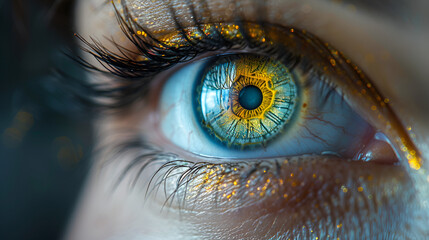 A close-up of a person's eye with a clock in it,
Large yellow green eye depicting evil eye
 - obrazy, fototapety, plakaty