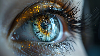 A close-up of a person's eye with a clock in it,
Close up image of an eye
