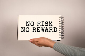 No Risk No Reward. Notepad with text in hand on white background