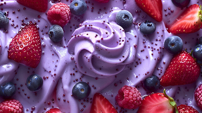 A close-up of a purple ice cream topped,
Summer breakfast yogurt with strawberries and blueberries ice cream