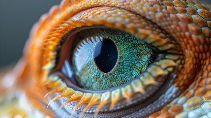 A close-up of a lizard's eye with striking green,
A close up of an lizard eye with a red ring around the eye
