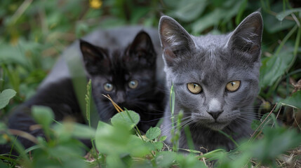 a gray short-haired stray wild and homeless cat with bright yellow eyes lies with a small black kitten with not yet opened eyes, in the grass among thickets of Colchis ivy on a summer day
