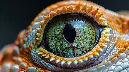 A close-up of a lizard's eye with striking green,
A young cat eye gecko up close
