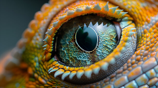 A close-up of a lizard's eye with striking green,
Macro shot of a lizards eye during shedding process
