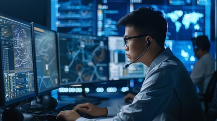 Focused IT Professional at Workstation During Night Shift