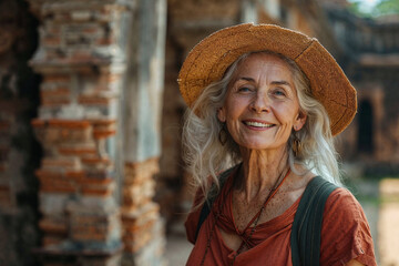 Elderly Woman Smiling While Exploring Ancient Ruins