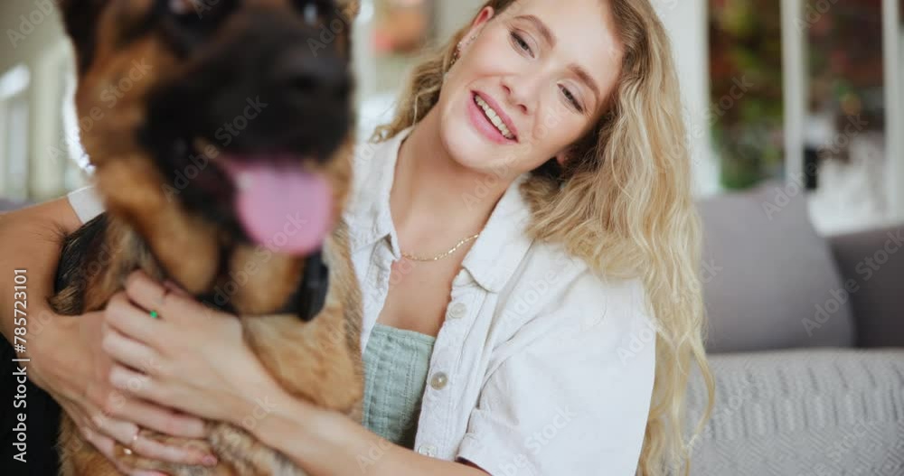 Canvas Prints Woman, dog and hug in home for love connection as animal owner for relax wellness, together or care. Female person, german shepherd and lounge bonding with pet for trust support, embrace or happiness