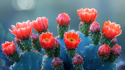 A detailed view of a wild prickly pear cactus,
Fresh pink blossom sharp thorns succulent plant