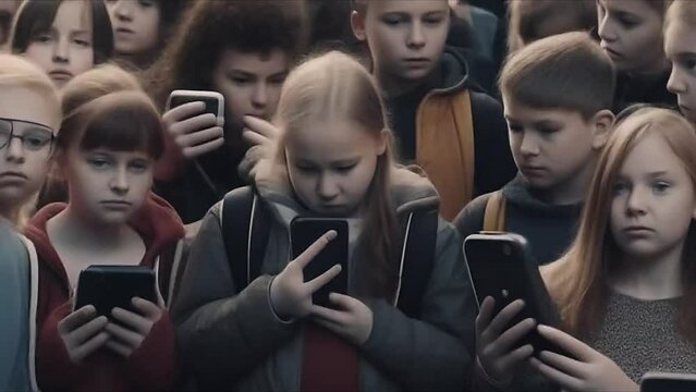 Animation a group of kids with phones in their hands outside. Social media addiction in children. Group of friends