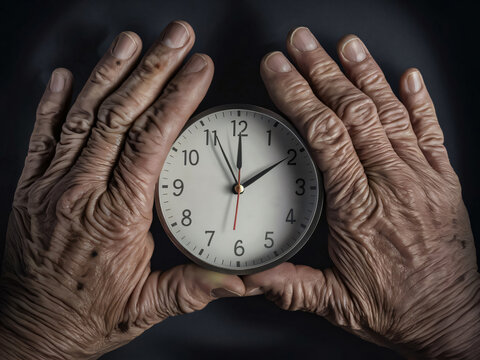 Manos de anciano con arrugas sostienen un reloj, concepto de envejecimiento