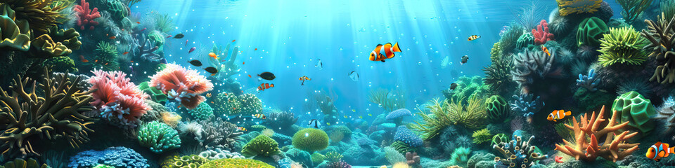 Obraz na płótnie Canvas Coral Reef Adventure: 3D Model of an Underwater Playground with Playful Sea Creatures