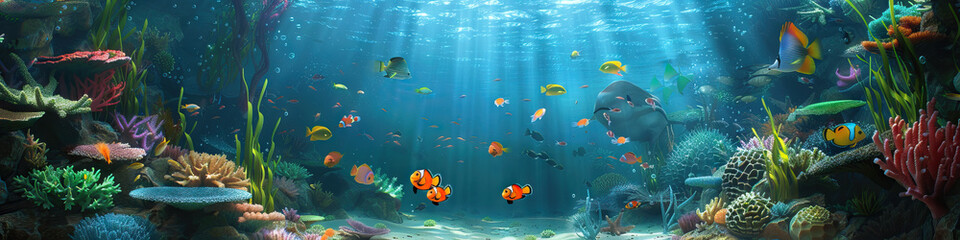 Obraz na płótnie Canvas Coral Reef Adventure: 3D Model of an Underwater Playground with Playful Sea Creatures