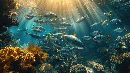 Vibrant underwater scene with a school of tuna fish navigating a coral reef, sunlight filtering from above. Celebrating World Tuna Day
