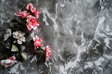 Elegance in Monochrome: Pink and White Florals on Marble Texture