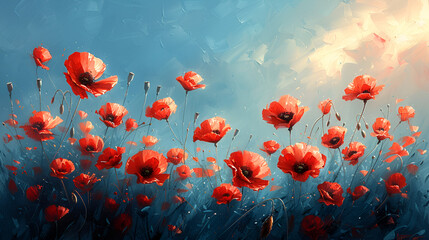 A painting featuring vibrant red poppy flowers,
Poppy flower meadow 3d image 