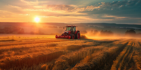 Fototapeta premium Red tractor collects golden wheat in the field