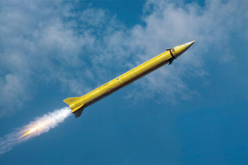 A large military ballistic rockets are take off in the blue sky. War concept