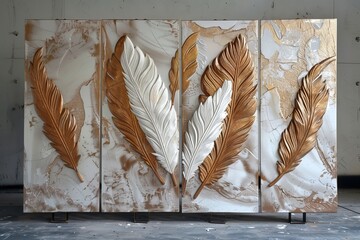 Sophisticated Triptych Feather Wall Art on Marble - Luxury Interior Decor