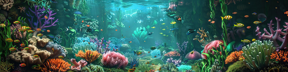 Fototapeta na wymiar Coral Cove Playground: 3D Model Featuring Animated Sea Creatures in a Vibrant Underwater Setting