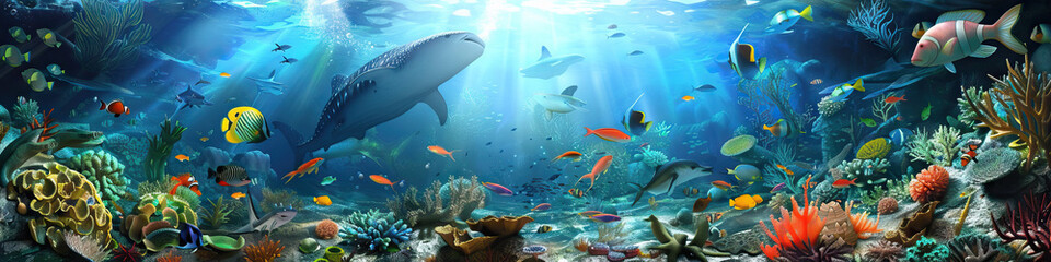 Fototapeta na wymiar Coral Cove Playground: 3D Model Featuring Animated Sea Creatures in a Vibrant Underwater Setting