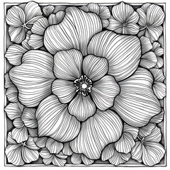 This image features a collection of hand-drawn flowers with intricate line art, showcasing a variety of patterns and shading techniques that give depth