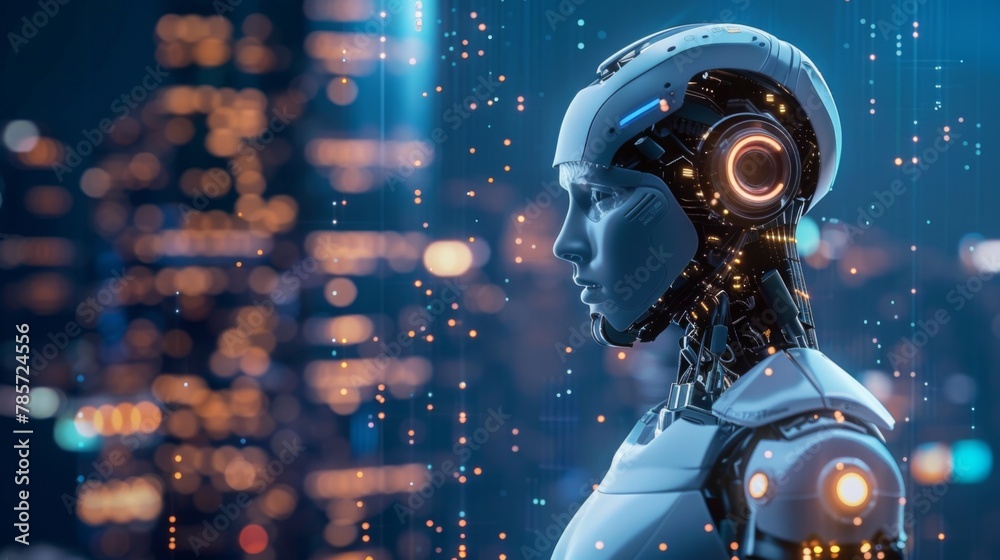 Aufkleber futuristic robot with human features in digital environment