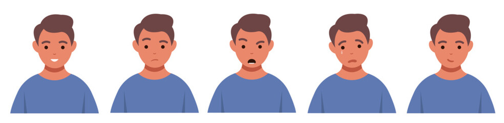 Various emotion and face expression male. Character with different feelings. Angry, happy, worried. Beautiful man with various emotions. 
Colored flat vector illustration