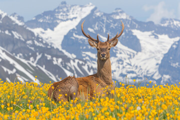 A majestic deer stands amidst a field of yellow wildflowers, with the snow-capped Alps rising in the background - obrazy, fototapety, plakaty