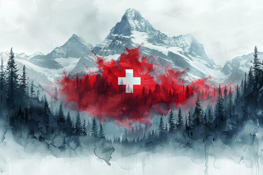 A hauntingly beautiful watercolor scene featuring a Swiss mountain landscape with a vibrant red mist forming the Swiss cross, in honor of Swiss National Day