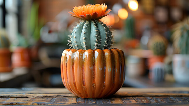 A small cactus in an orange pot adds a pop,
A cactus in a pot with a green background