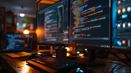 Modern Computer Desk Setup With Monitors and Keyboard