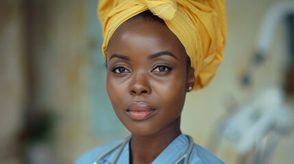 Close-up of a poised healthcare worker in a headscarf, embodying strength and dedication in the medical field.