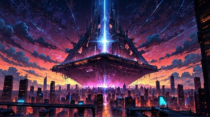 In a glitching cyberpunk novel space anomaly, a towering enigmatic structure pulsates with neon hues and flickering holographic projections - obrazy, fototapety, plakaty