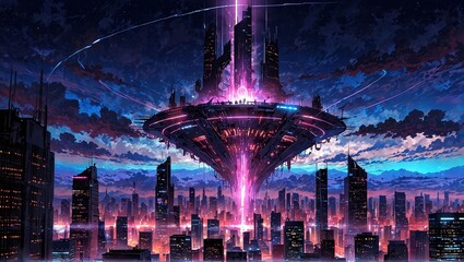 In a glitching cyberpunk novel space anomaly, a towering enigmatic structure pulsates with neon hues and flickering holographic projections - obrazy, fototapety, plakaty