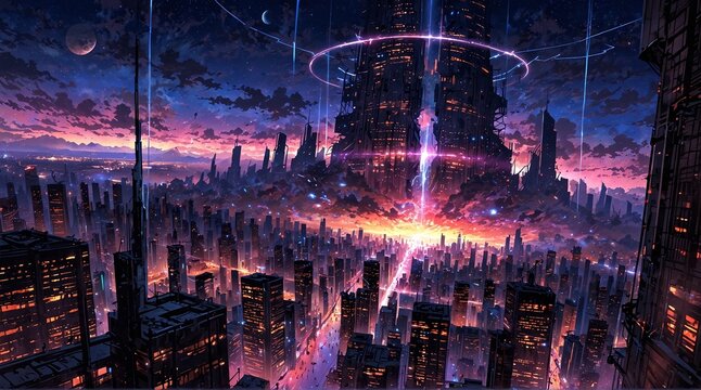 In a glitching cyberpunk novel space anomaly, a towering enigmatic structure pulsates with neon hues and flickering holographic projections