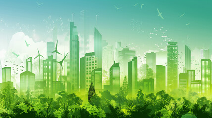 The skyscrapers surrounded by lush trees on sunny day. The Sustainable Future City concept.