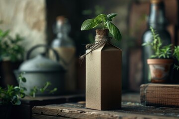 Eco-friendly packaging concept with a brown paper-wrapped bottle and plant, symbolizing sustainable living and green products.

