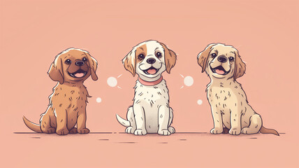 Sweet pets, illudtration. A group of cute puppies of different breeds on blue background - obrazy, fototapety, plakaty